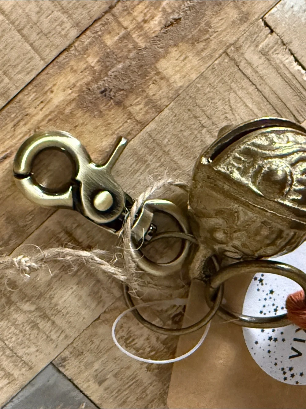 Handmade Boho Wood Bead & Vintage Brass Bell Keychain/Bag Charm- Natural/Rust